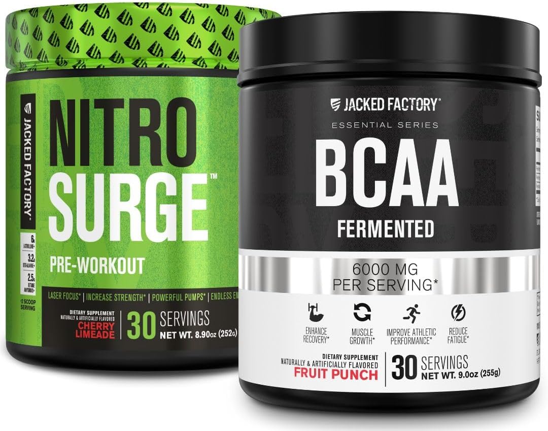Muscle-Building Pre-Workout & BCAA Combo: Jacked Factory Nitrosurge in Cherry Limeade and Fruit Punch Flavors