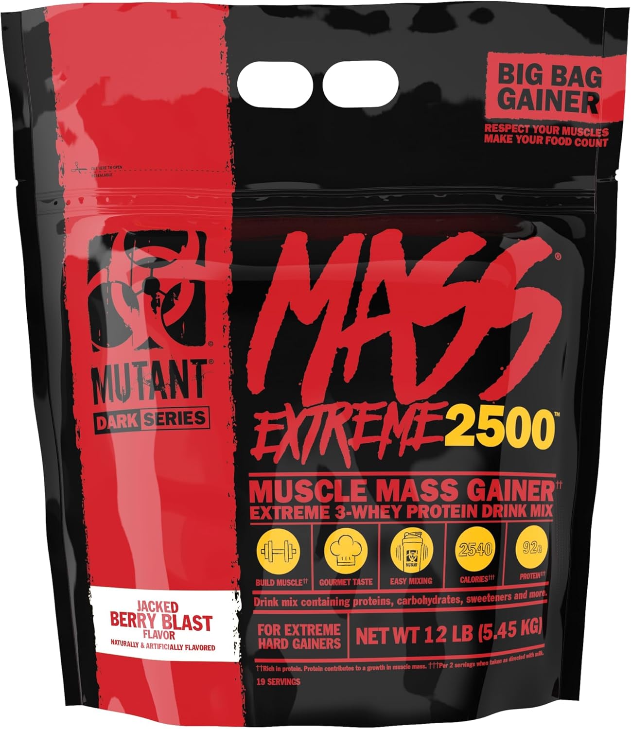 Muscle-Building Whey Protein Powder for Size and Strength - Mutant Mass Extreme Gainer with High-Density Clean Calories (Jacked Berry Blast, 12 lbs)