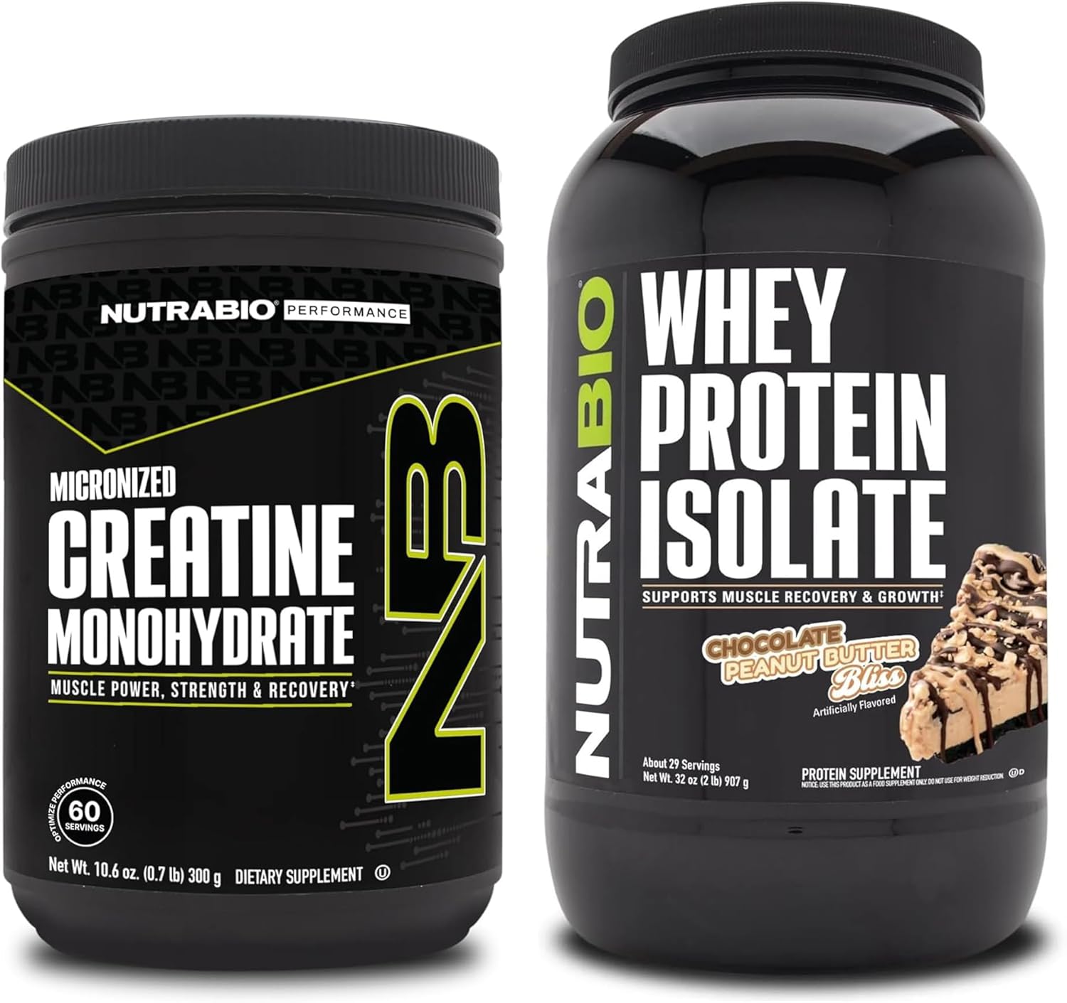 Muscle Energy Bundle: NutraBio Creatine Monohydrate 300g + Whey Protein Isolate Chocolate Peanut Butter - Lean Muscle Growth, Recovery, Strength