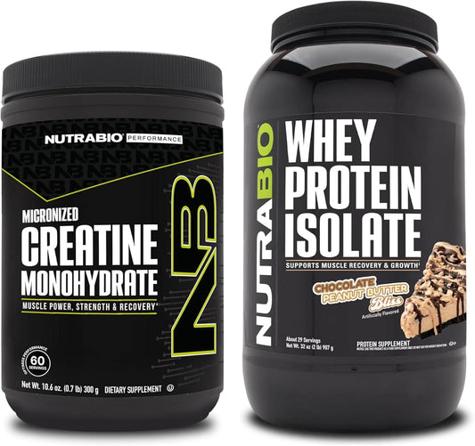 Muscle Energy Bundle: NutraBio Creatine Monohydrate 300g + Whey Protein Isolate Chocolate Peanut Butter - Lean Muscle Growth, Recovery, Strength