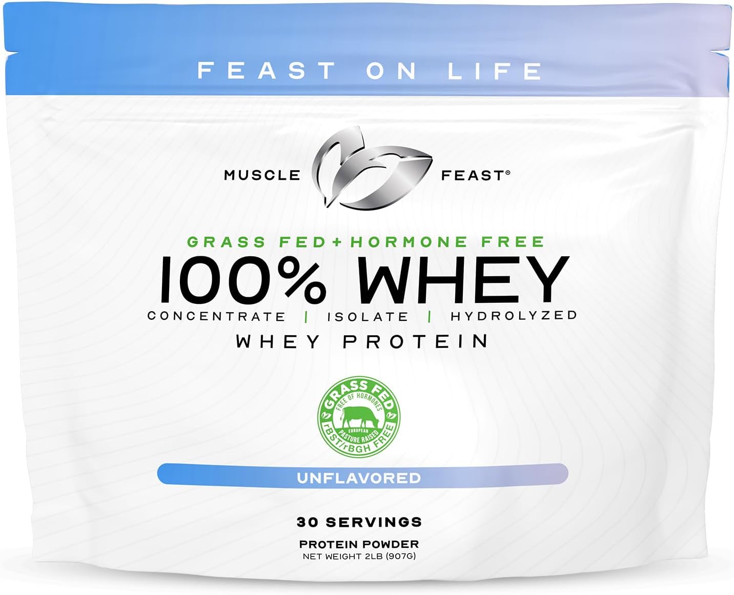 Muscle Feast 100% Grass-Fed Whey Protein, Hormone-Free, All Natural, Unflavored - 2lb Pack