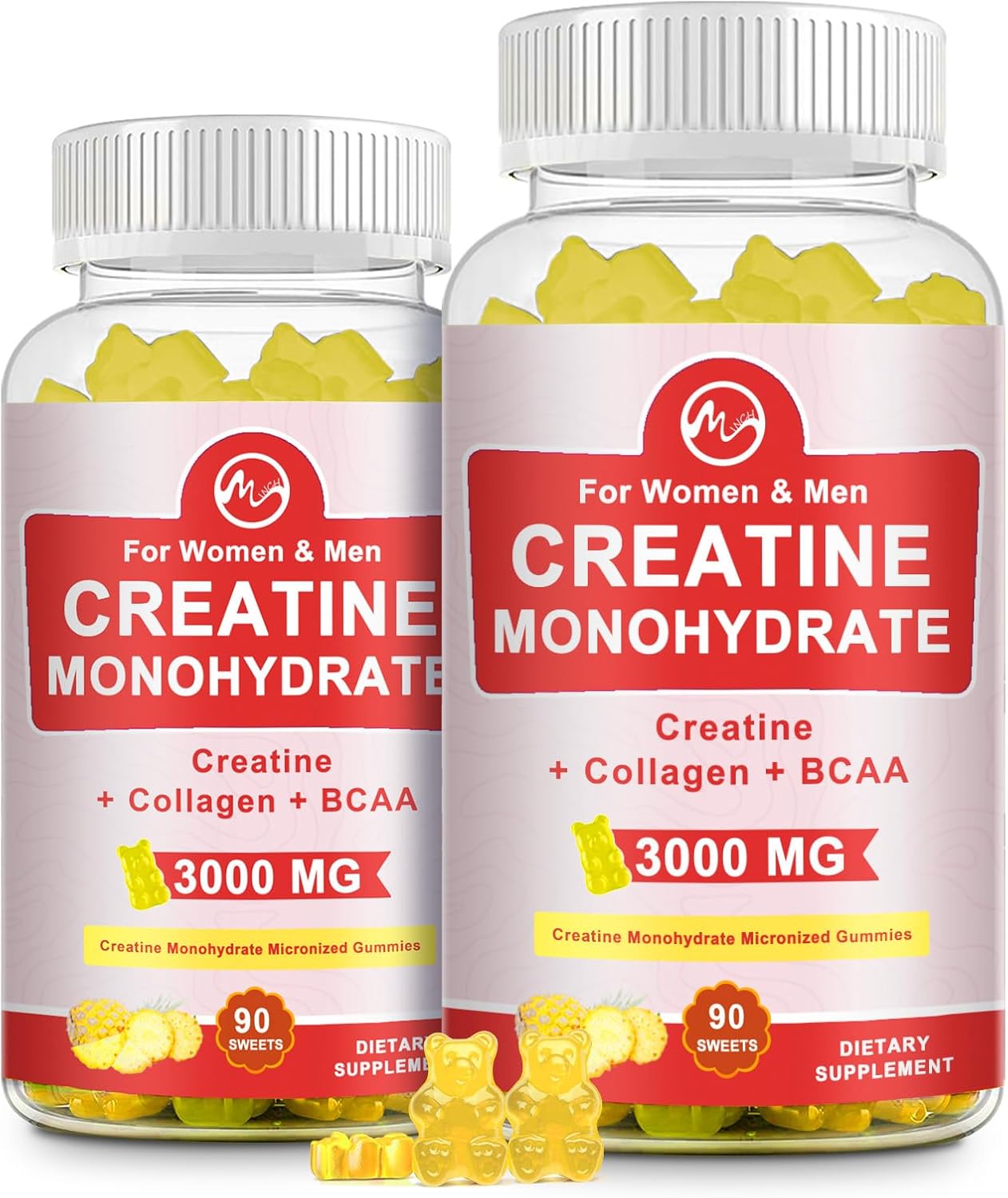 Muscle Growth Creatine Gummies with 3g Creatine Monohydrate, Sugar Free Pineapple Flavored 60 Servings, Pack of 2