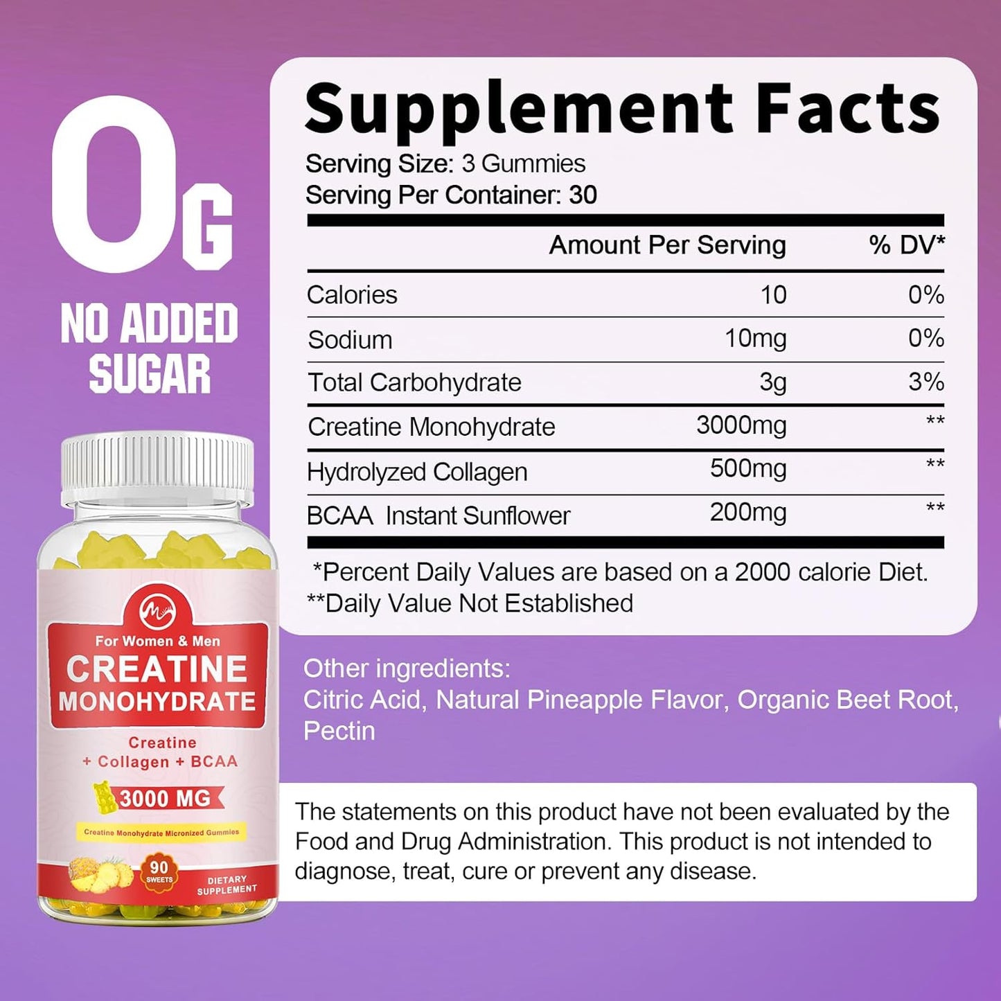 Muscle Growth Creatine Gummies with 3g Creatine Monohydrate, Sugar Free Pineapple Flavored 60 Servings, Pack of 2