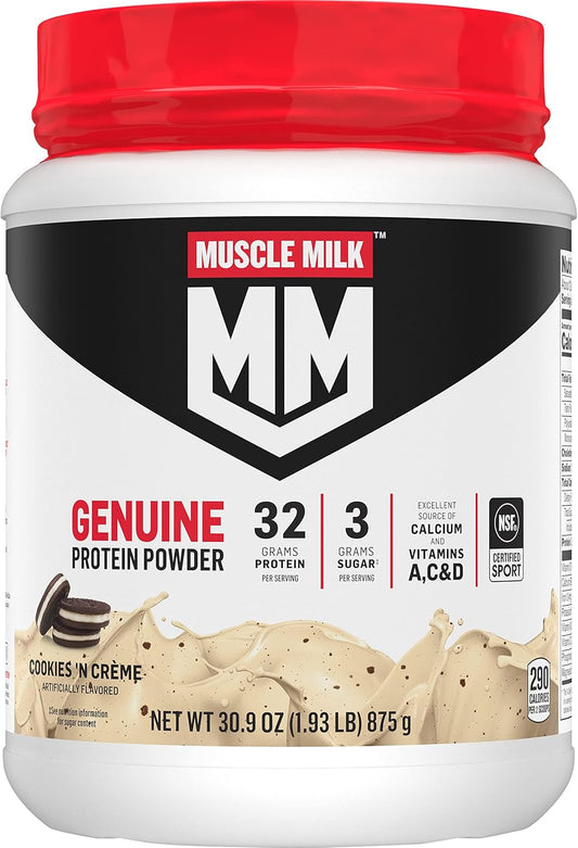 Muscle Milk Genuine Cookies 'N Crème Protein Powder - 1.93lbs, 12 Servings, 32g Protein, 3g Sugar, with Calcium & Vitamins A, C & D - NSF Certified Energizing Snack