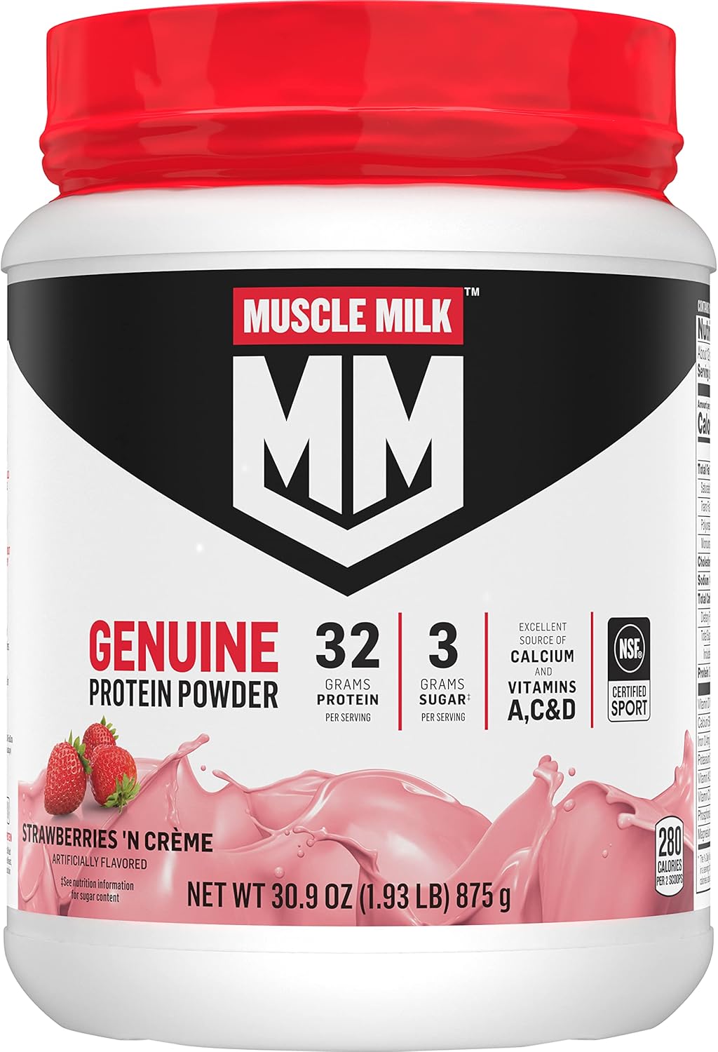 Muscle Milk Genuine Protein Powder, Strawberries ‘N Crème - 1.93 lbs, 12 Servings, 32g Protein, 3g Sugar, NSF Certified, Energizing Snack - Packaging Varies