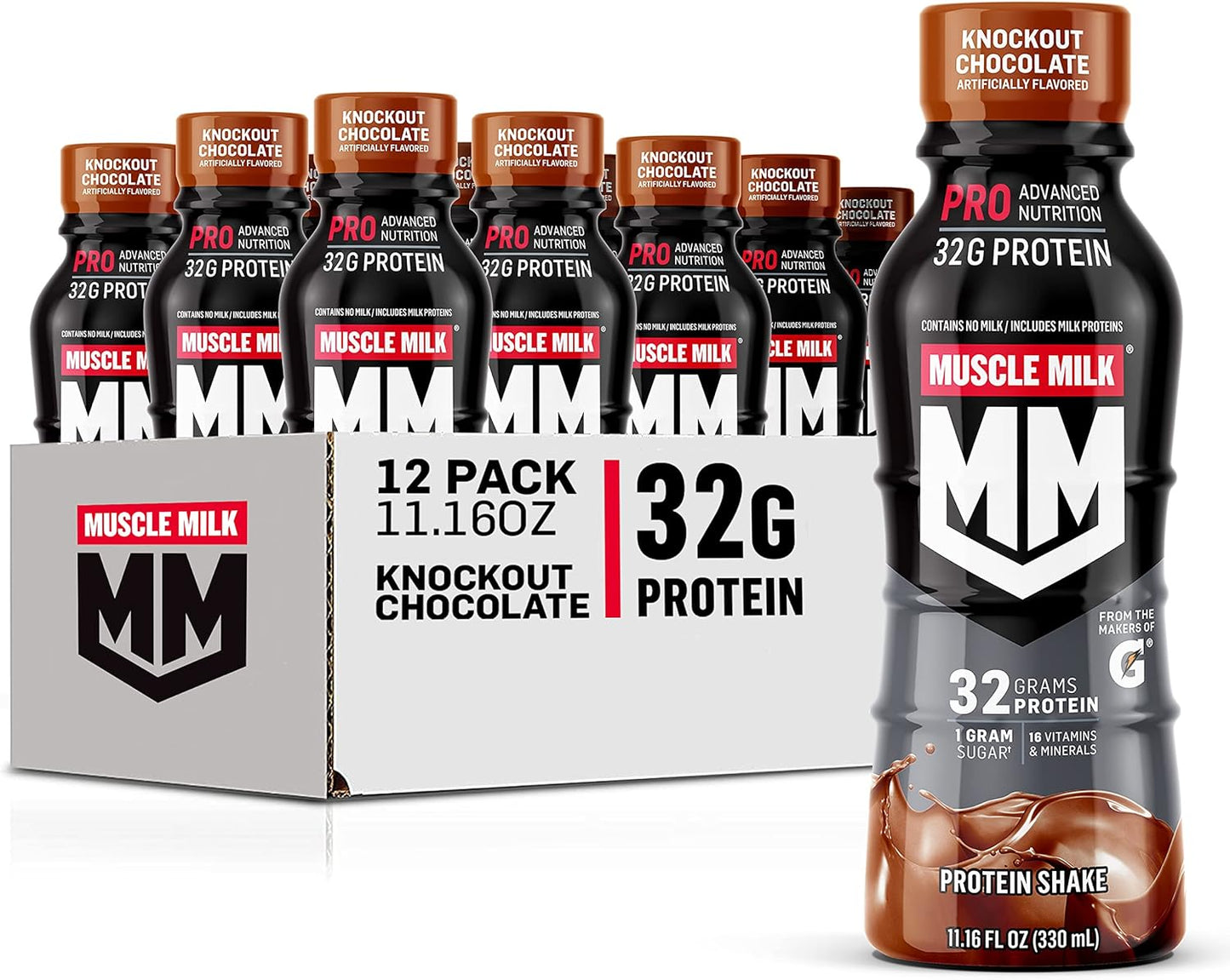 Muscle Milk Pro Advanced Nutrition Protein Shake, Knockout Chocolate, 11.16 Fl Oz (Pack of 12), High Protein and Vitamin Shake for Workout Recovery and Energy Boost