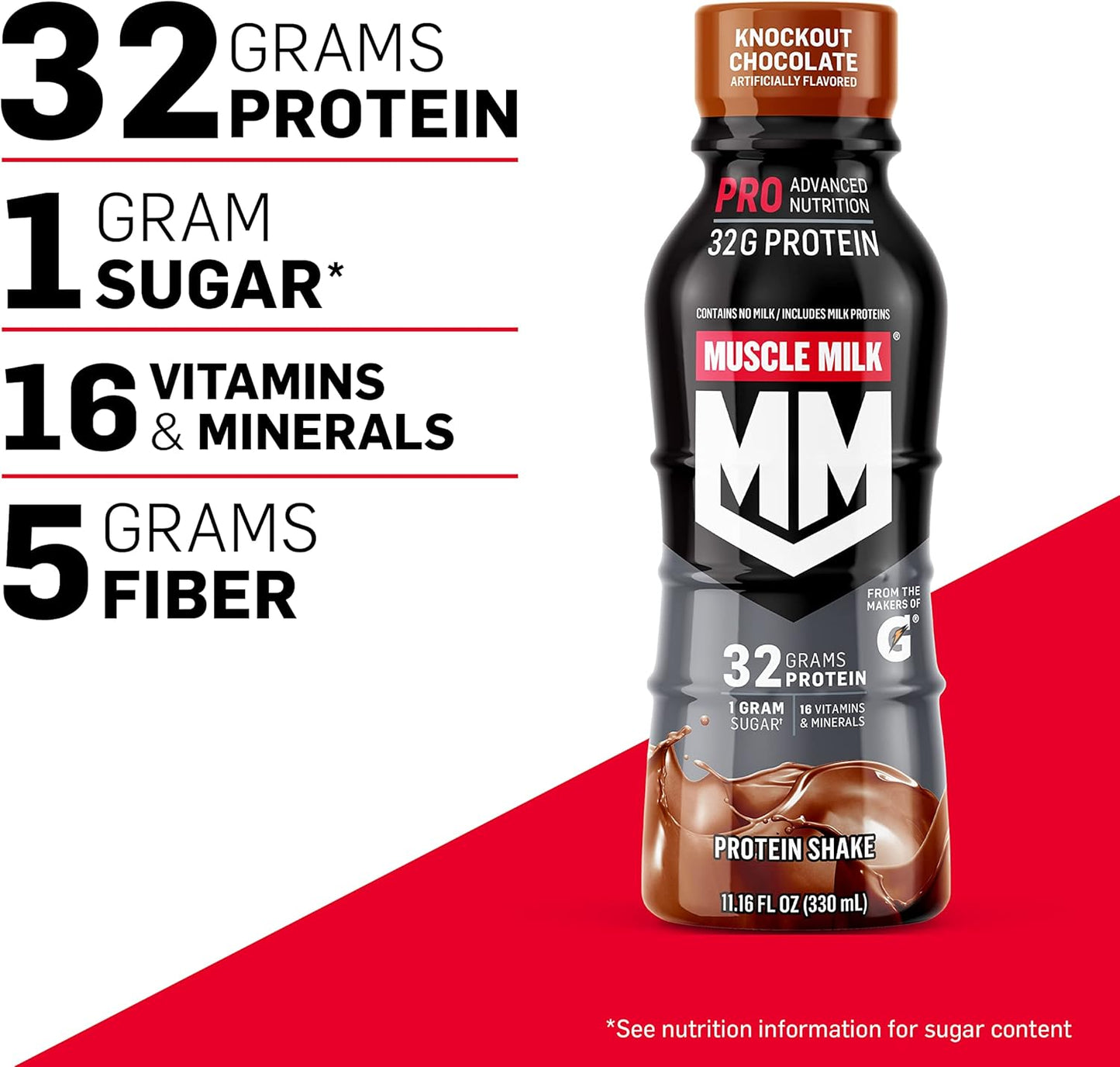 Muscle Milk Pro Advanced Nutrition Protein Shake, Knockout Chocolate, 11.16 Fl Oz (Pack of 12), High Protein and Vitamin Shake for Workout Recovery and Energy Boost