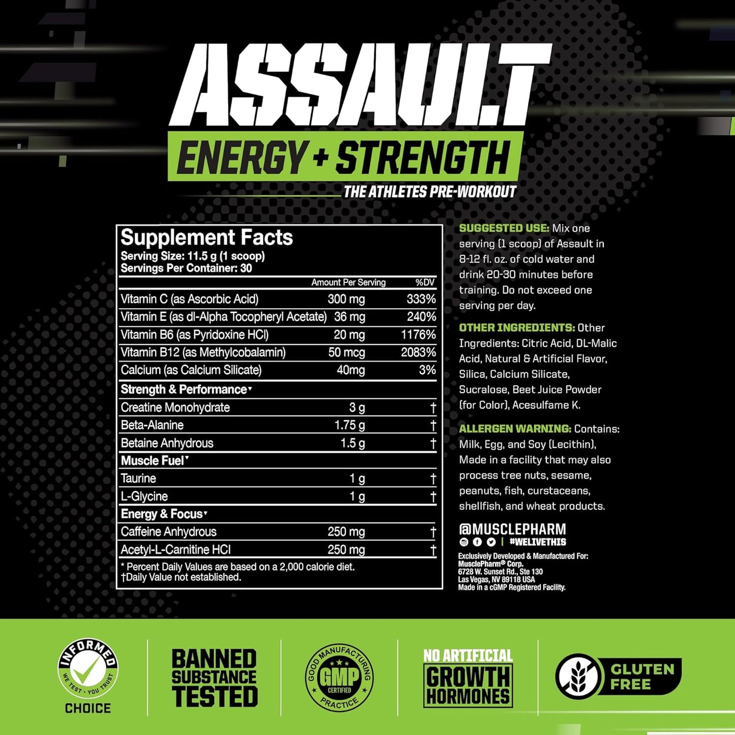 Muscle Pharm Assault Pre Workout Powder - Energy & Strength Supplement with Beta Alanine, Caffeine, Creatine & Betaine Anhydrous - 30 Servings - Hwachae Melon Flavor