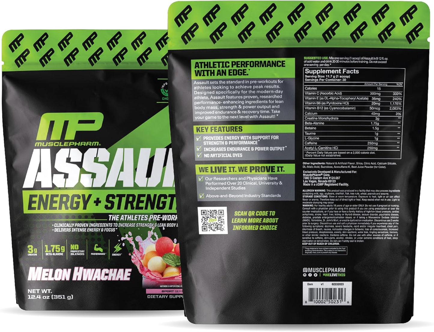 Muscle Pharm Assault Pre Workout Powder - Energy & Strength Supplement with Beta Alanine, Caffeine, Creatine & Betaine Anhydrous - 30 Servings - Hwachae Melon Flavor