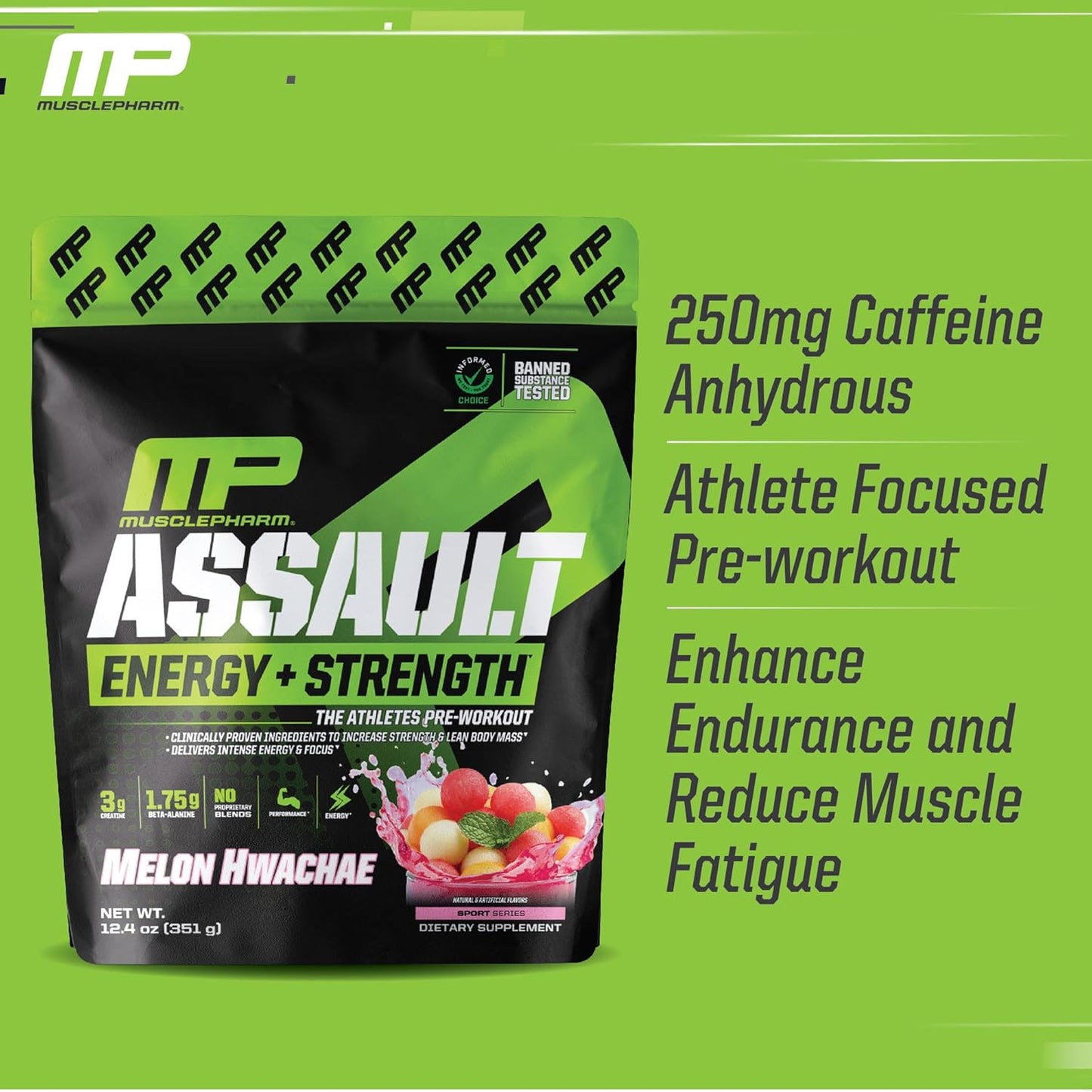 Muscle Pharm Assault Pre Workout Powder - Energy & Strength Supplement with Beta Alanine, Caffeine, Creatine & Betaine Anhydrous - 30 Servings - Hwachae Melon Flavor