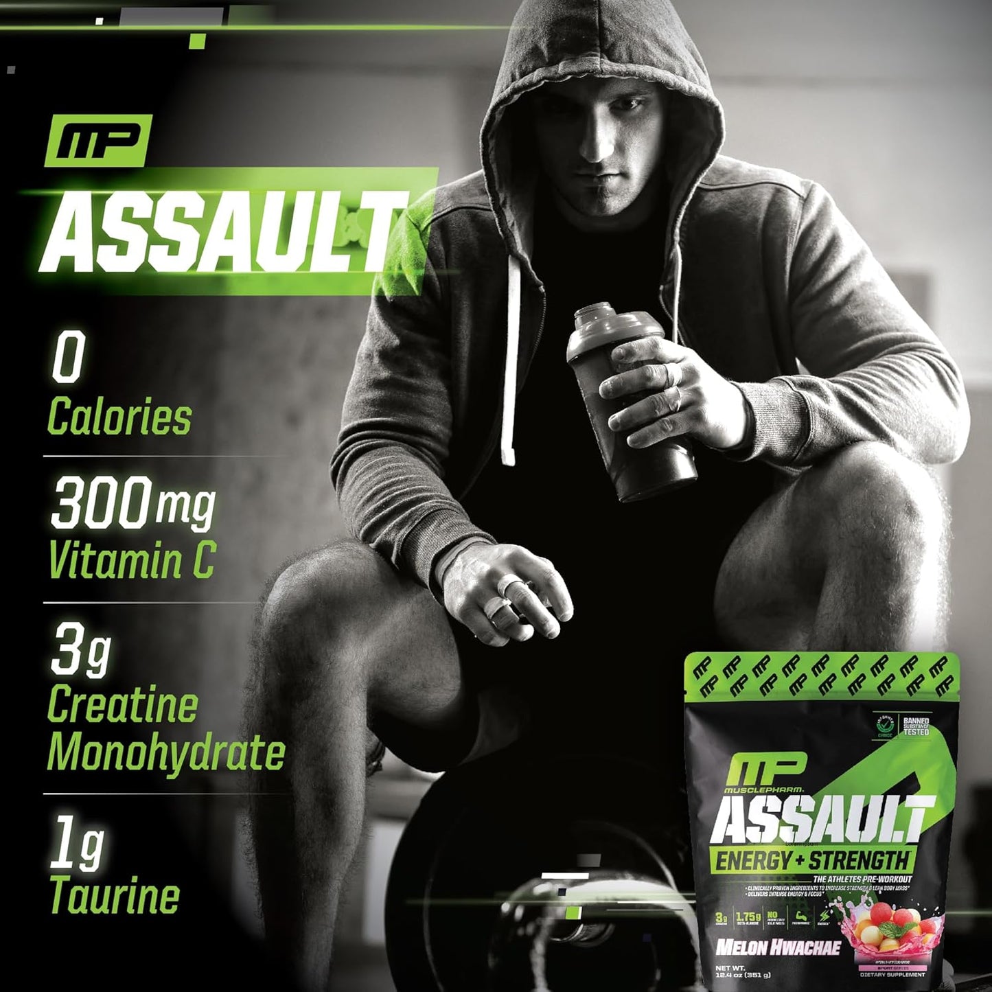 Muscle Pharm Assault Pre Workout Powder - Energy & Strength Supplement with Beta Alanine, Caffeine, Creatine & Betaine Anhydrous - 30 Servings - Hwachae Melon Flavor