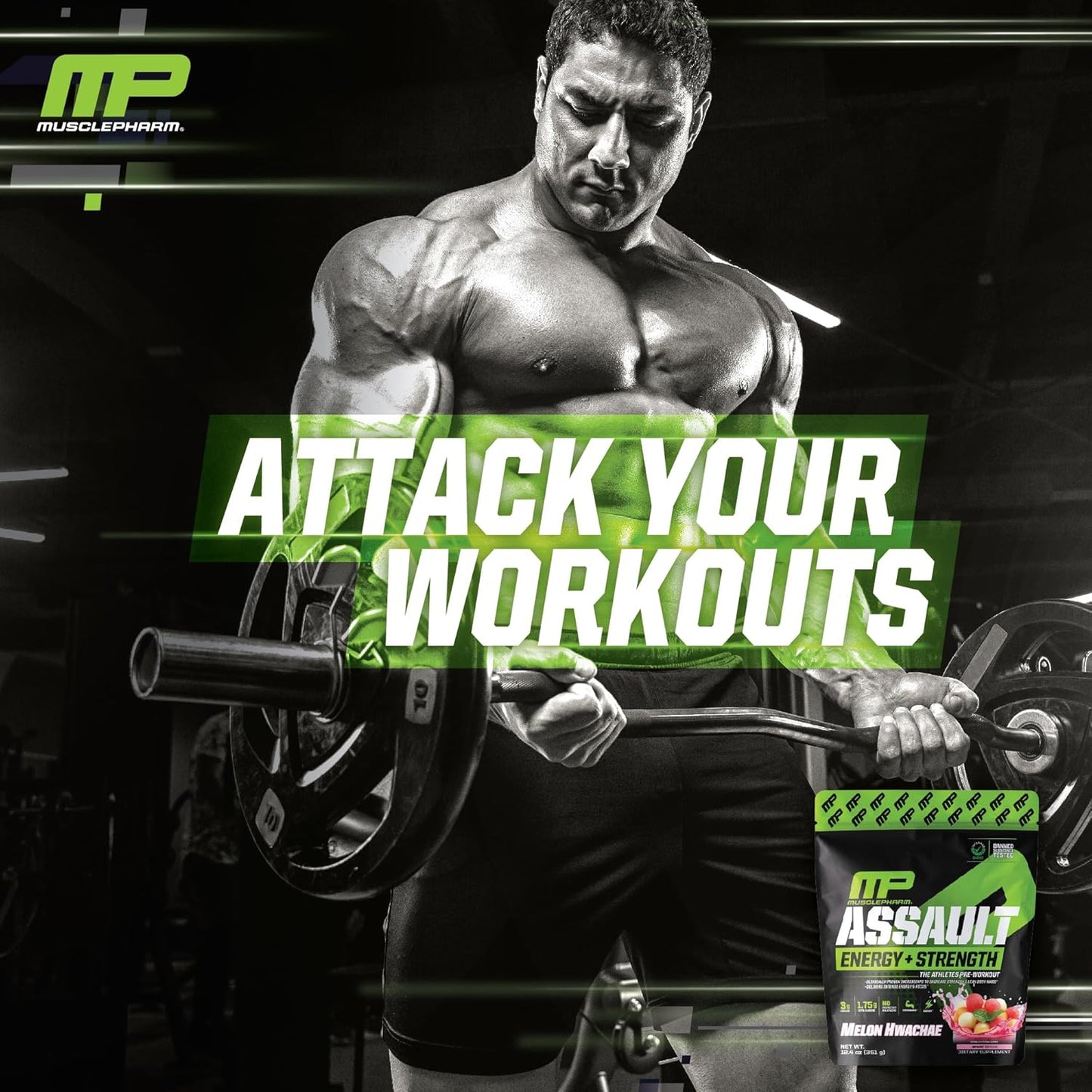 Muscle Pharm Assault Pre Workout Powder - Energy & Strength Supplement with Beta Alanine, Caffeine, Creatine & Betaine Anhydrous - 30 Servings - Hwachae Melon Flavor