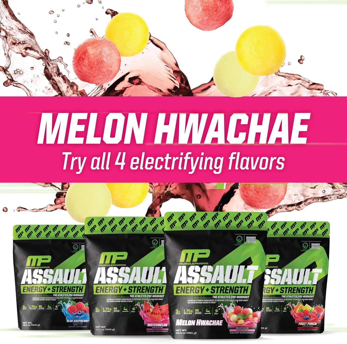 Muscle Pharm Assault Pre Workout Powder - Energy & Strength Supplement with Beta Alanine, Caffeine, Creatine & Betaine Anhydrous - 30 Servings - Hwachae Melon Flavor