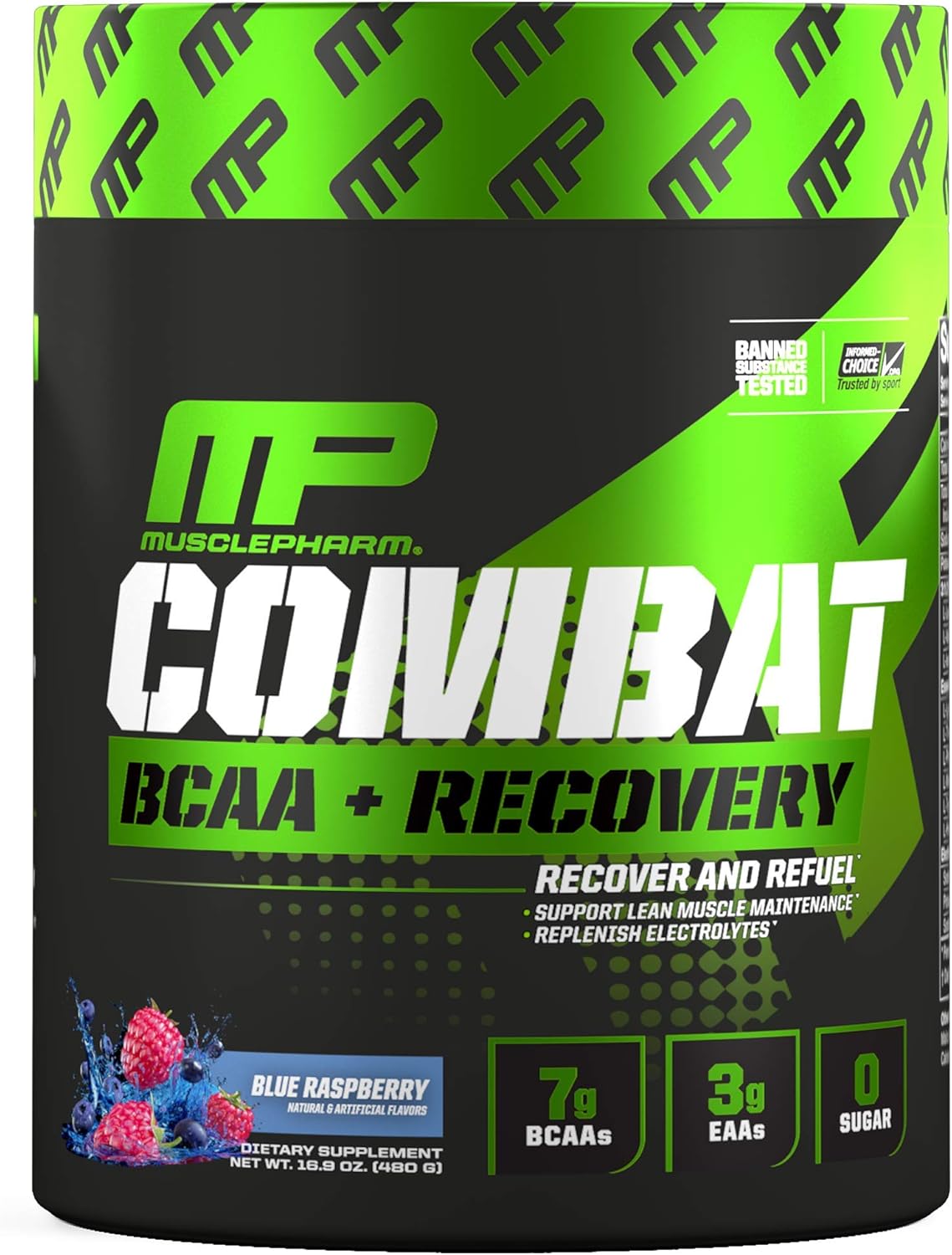 Muscle Pharm Combat BCAA + Recovery Powder - Blue Raspberry Flavor, 30 Servings, 10g BCAAs & EAAs