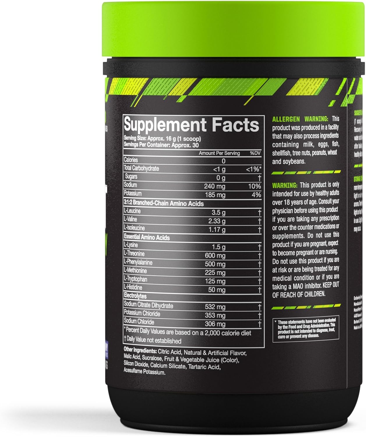 Muscle Pharm Combat BCAA + Recovery Powder - Blue Raspberry Flavor, 30 Servings, 10g BCAAs & EAAs
