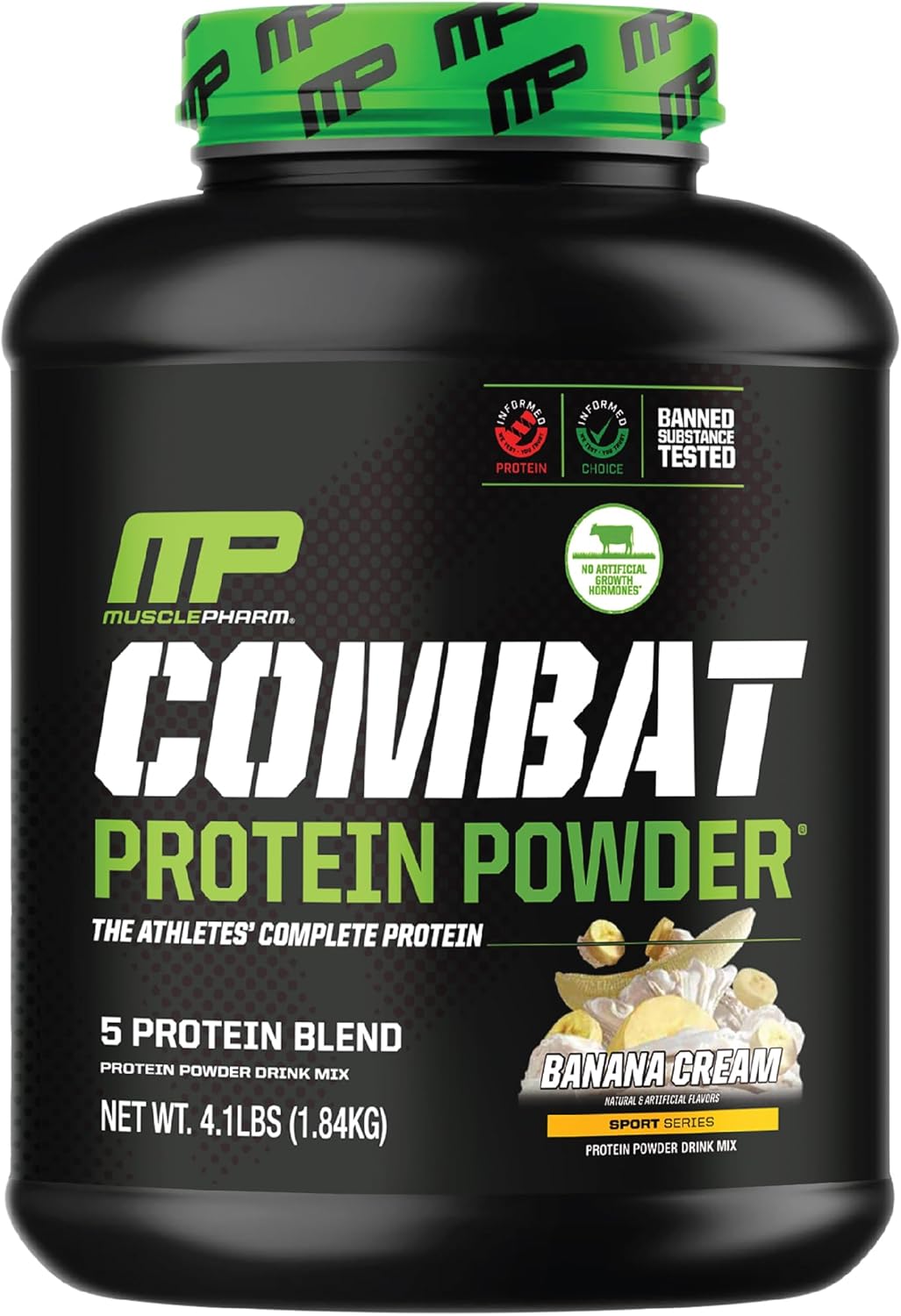 Muscle Pharm Combat Protein Powder, Banana Cream Flavor, 5 Protein Sources, Gluten Free - 4 lb, 52 Servings