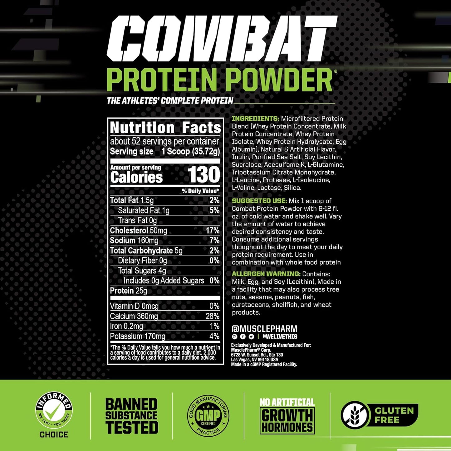 Muscle Pharm Combat Protein Powder, Banana Cream Flavor, 5 Protein Sources, Gluten Free - 4 lb, 52 Servings