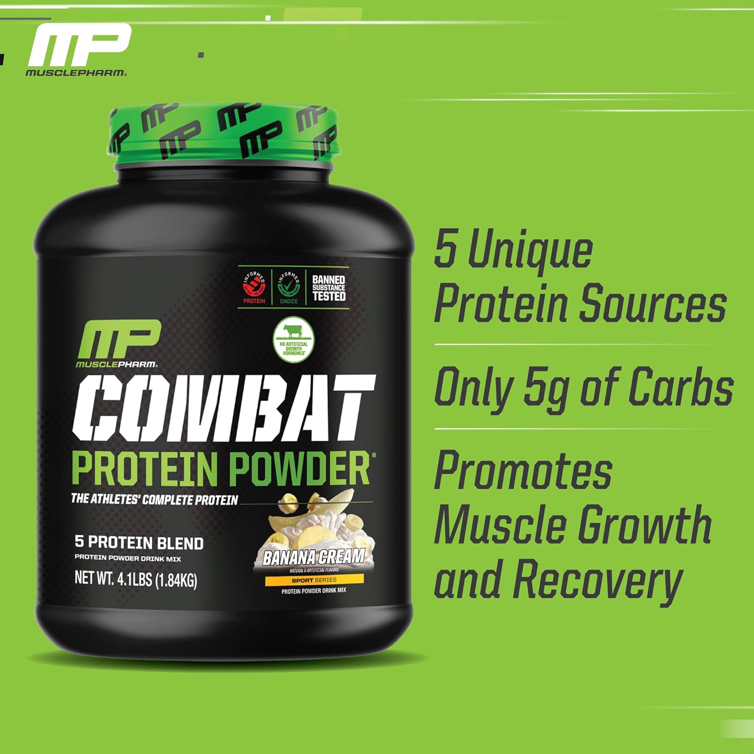 Muscle Pharm Combat Protein Powder, Banana Cream Flavor, 5 Protein Sources, Gluten Free - 4 lb, 52 Servings