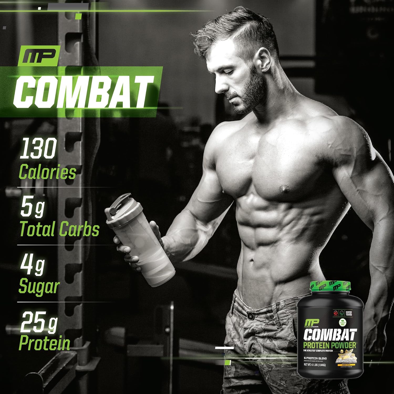 Muscle Pharm Combat Protein Powder, Banana Cream Flavor, 5 Protein Sources, Gluten Free - 4 lb, 52 Servings