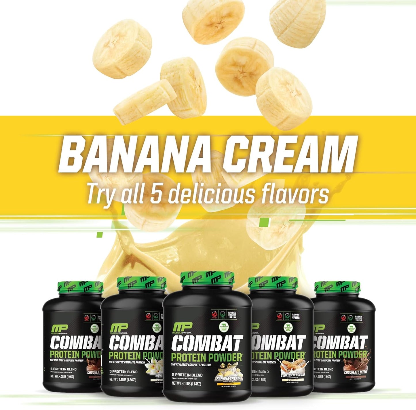 Muscle Pharm Combat Protein Powder, Banana Cream Flavor, 5 Protein Sources, Gluten Free - 4 lb, 52 Servings