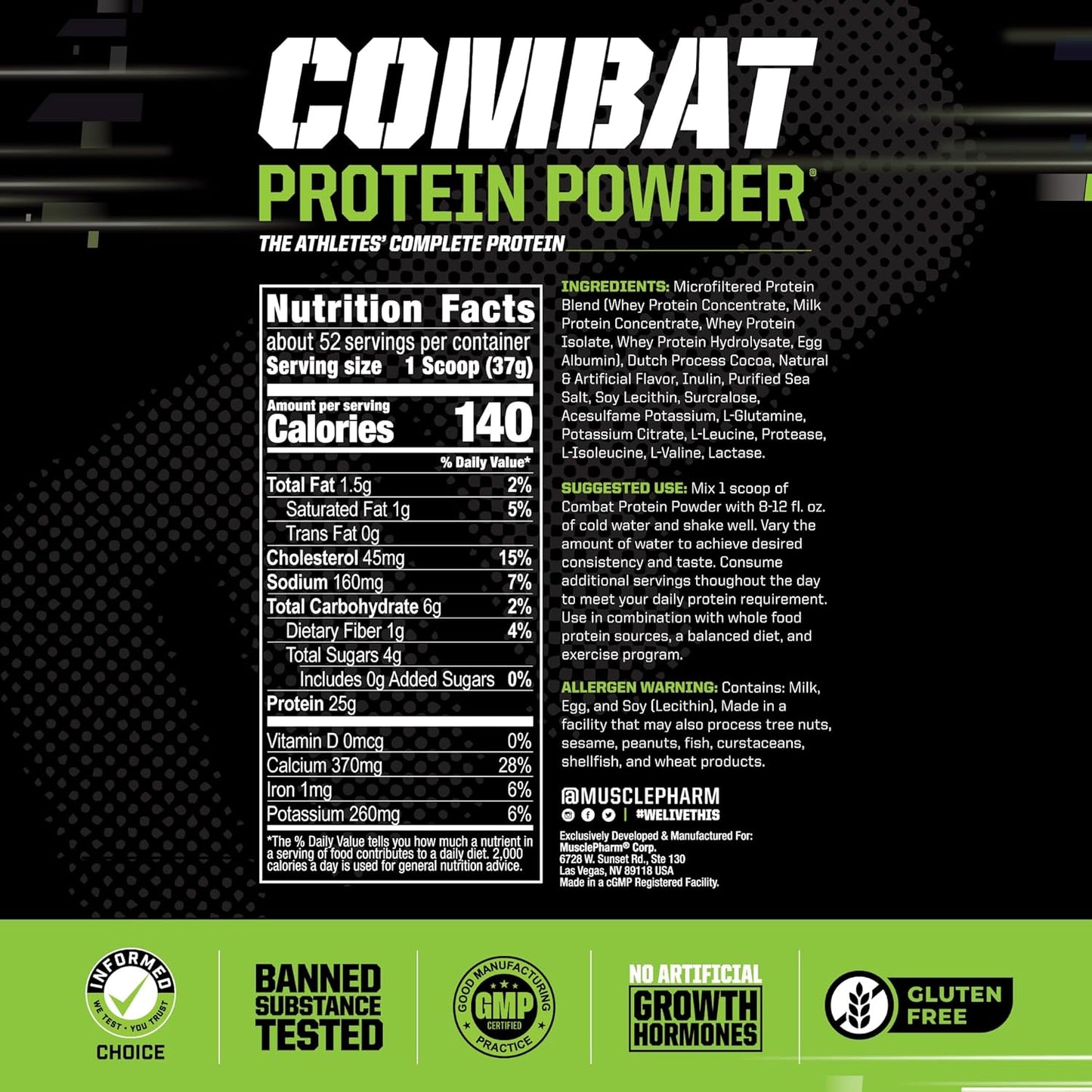 Muscle Pharm Combat Protein Powder, Chocolate Milk Flavor, 5 Protein Sources, Gluten Free - 4.2 lb, 52 Servings