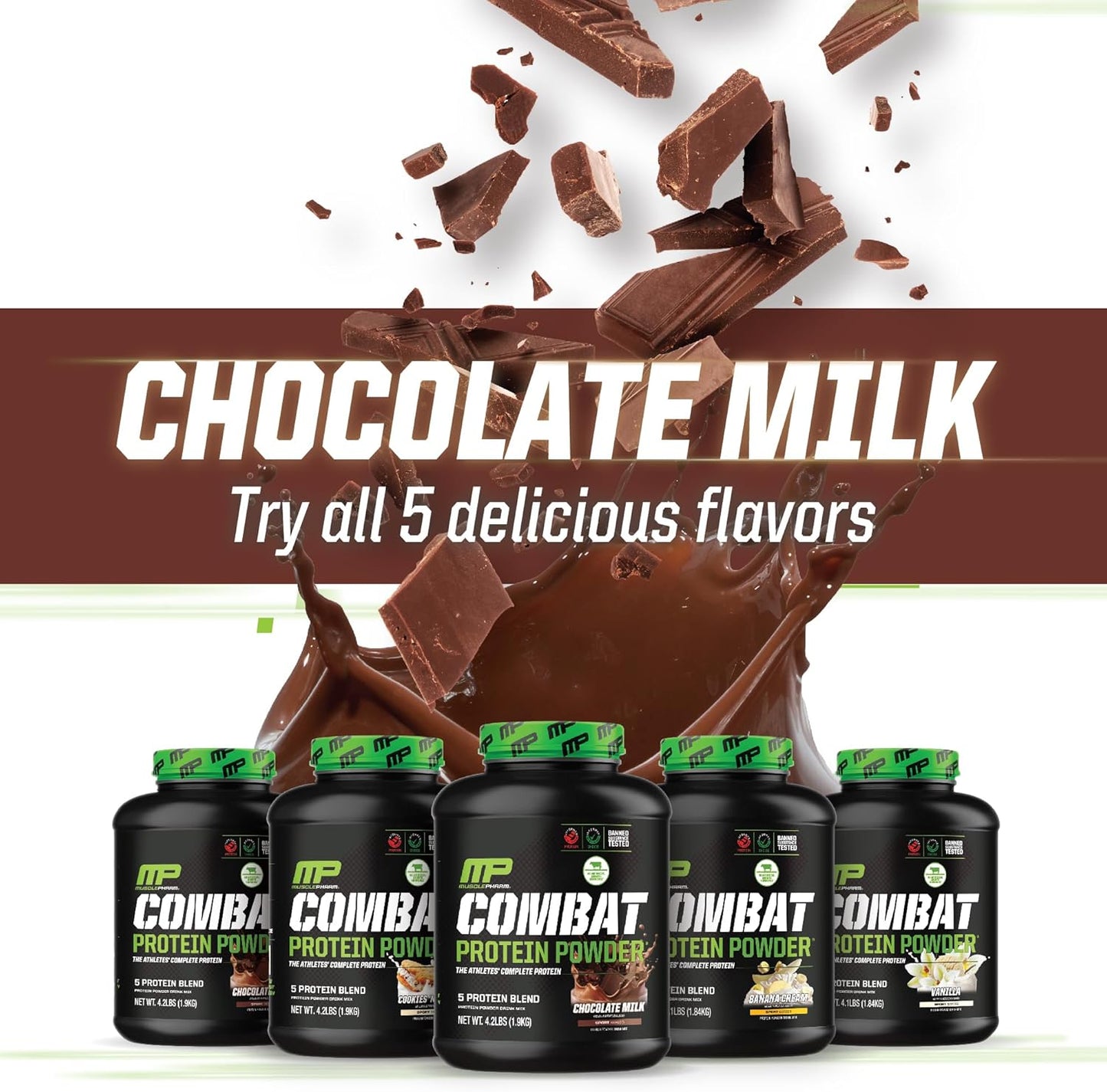 Muscle Pharm Combat Protein Powder, Chocolate Milk Flavor, 5 Protein Sources, Gluten Free - 4.2 lb, 52 Servings