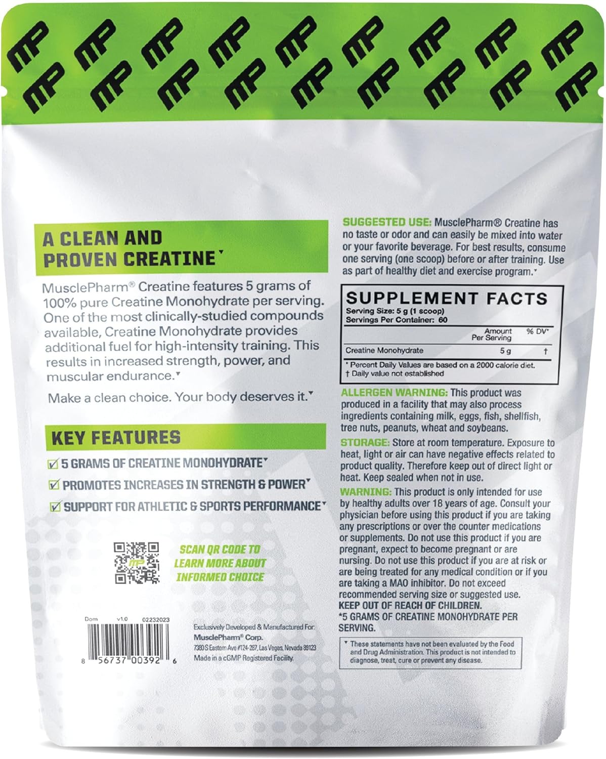 Muscle Pharm Essentials Creatine Monohydrate Powder - Pre & Post Workout Supplement, 100% Pure Creatine, 60 Servings