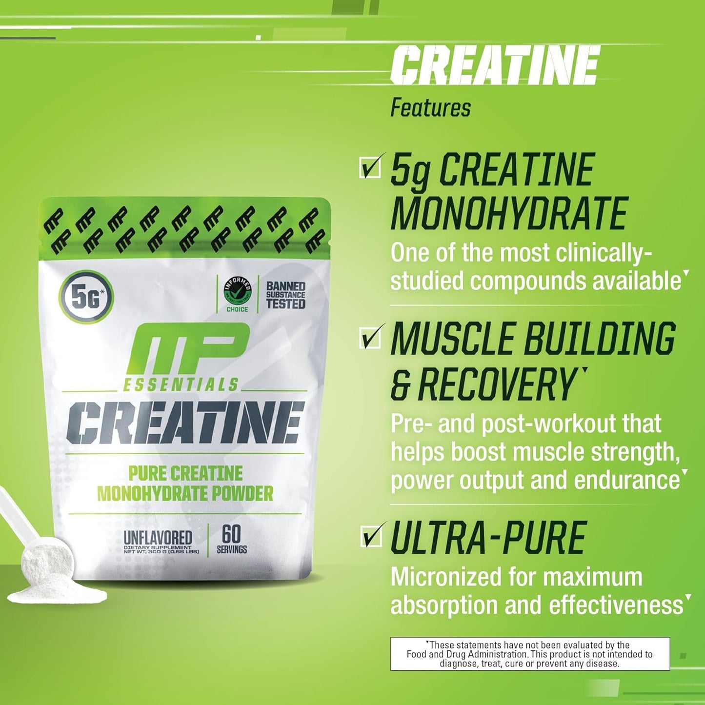 Muscle Pharm Essentials Creatine Monohydrate Powder - Pre & Post Workout Supplement, 100% Pure Creatine, 60 Servings