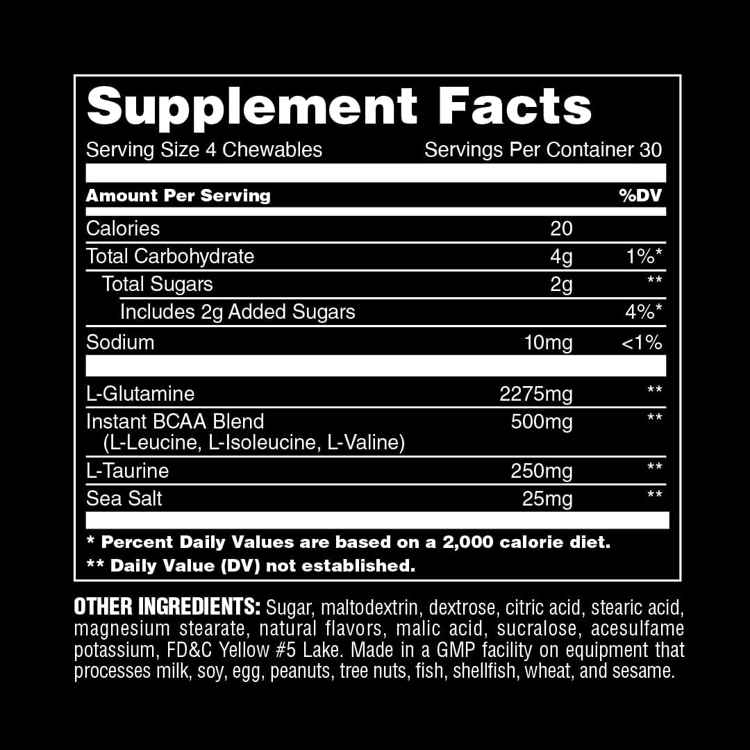 Muscle Recovery Chews with BCAA, Taurine, and Glutamine - Fast-Acting and Convenient for Hydration and Repair