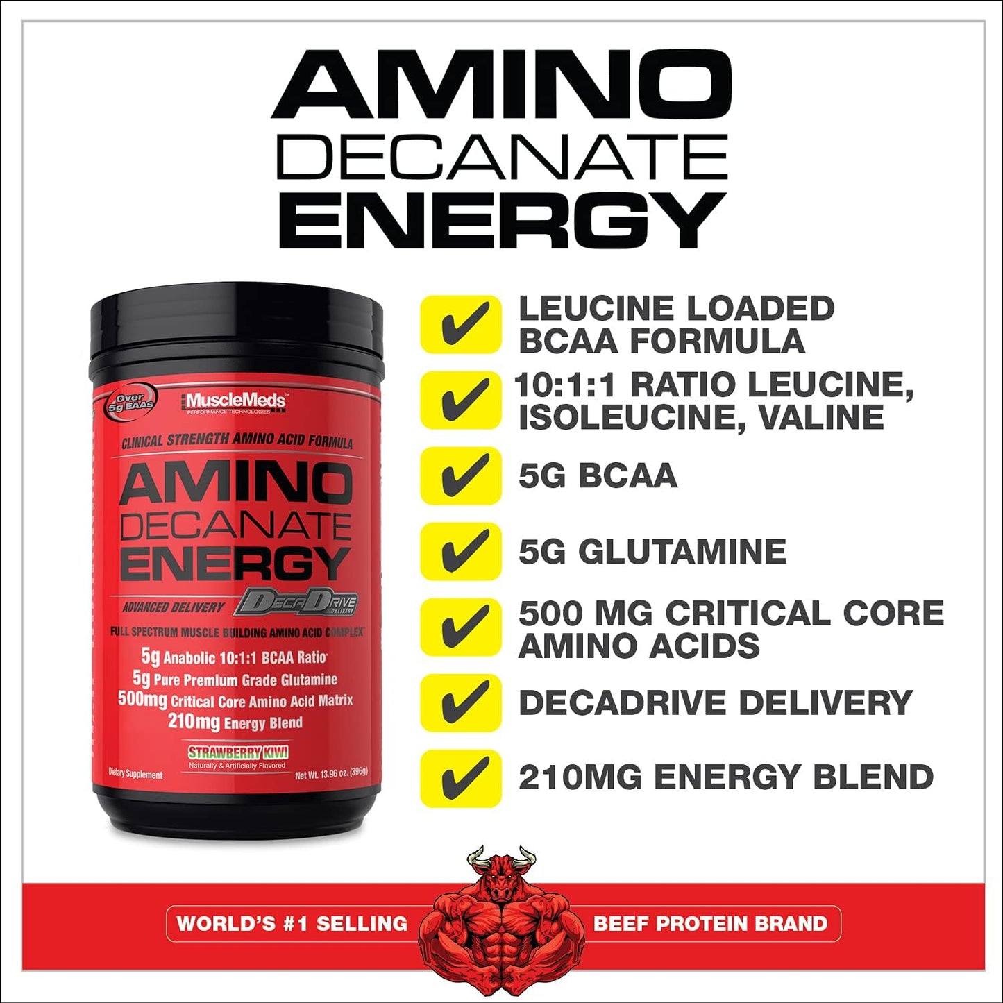 MuscleMeds Amino DECANATE Strawberry Kiwi Workout Drink - High Leucine, Glutamine, BCAAs - 30 Servings