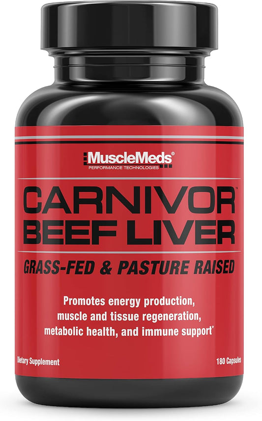 MuscleMeds Carnivor Beef Liver Capsules - Energy, Recovery, Immunity, Non-GMO - 180 Grass Fed Capsules
