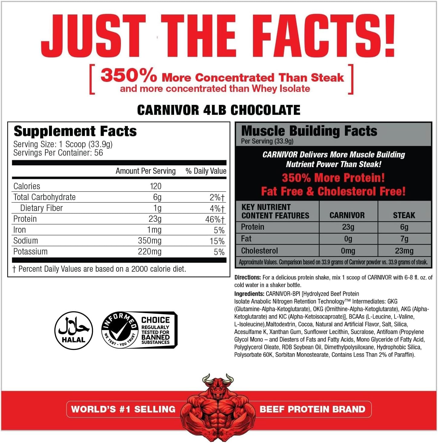 MuscleMeds CARNIVOR Chocolate Beef Protein Isolate Powder - 23g Protein, Halal Certified, Lactose/Sugar/Fat Free - Muscle Building & Recovery - 56 Servings