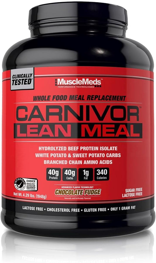 MuscleMeds CARNIVOR LEAN MEAL Chocolate Fudge Shake - 20 Servings, 40g Protein, 40g Carbs, Beef Protein Isolate, White Potato, Sweet Potato - Lactose and Sugar Free