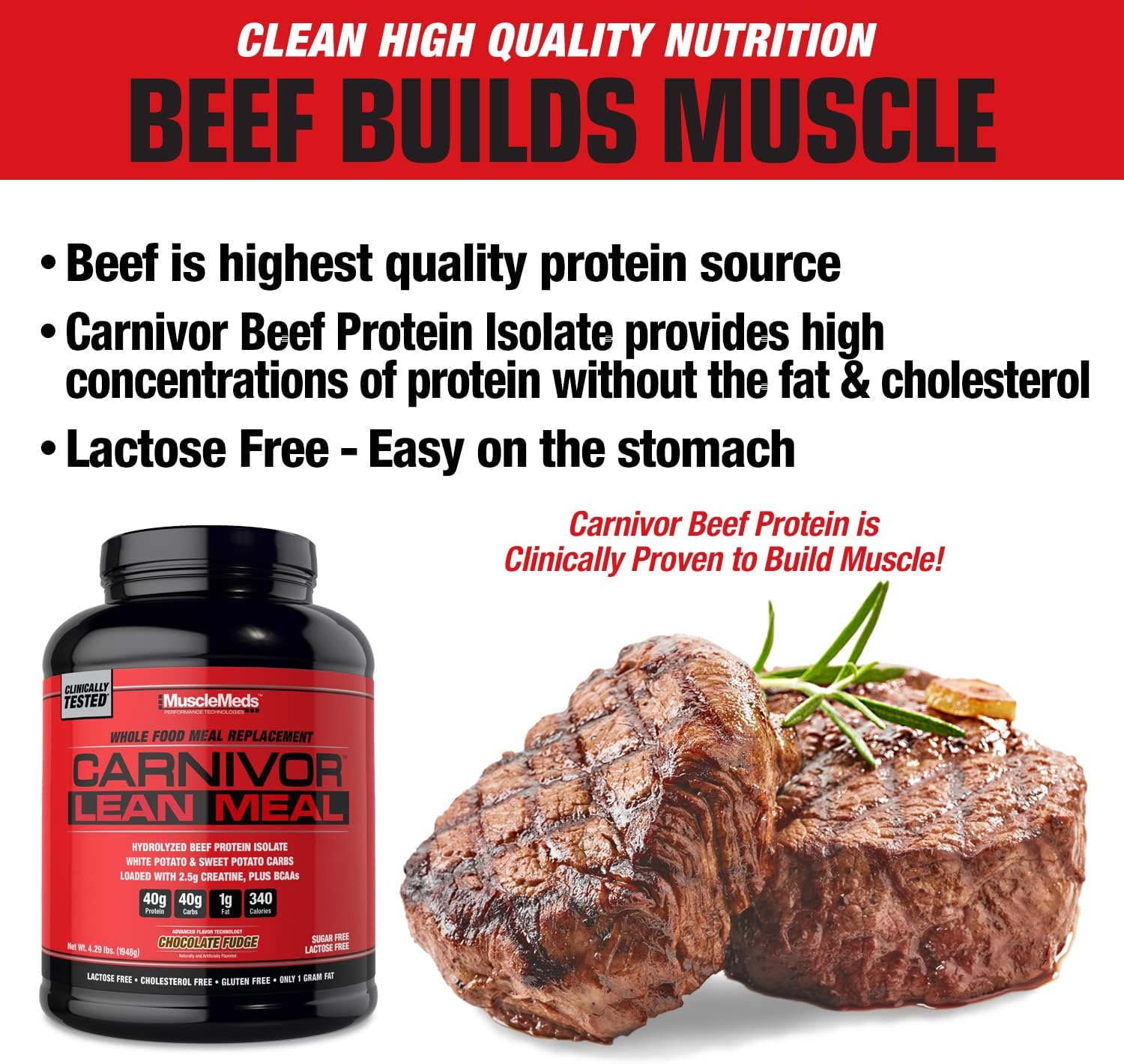 MuscleMeds CARNIVOR LEAN MEAL Chocolate Fudge Shake - 20 Servings, 40g Protein, 40g Carbs, Beef Protein Isolate, White Potato, Sweet Potato - Lactose and Sugar Free