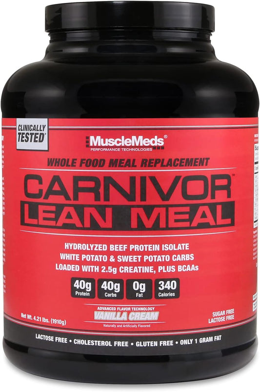 MuscleMeds CARNIVOR LEAN MEAL Vanilla Cream Shake - 40g Protein, 40g Carbs, Lactose and Sugar Free - Whole Food Replacement Shake - Beef Protein Isolate, White Potato, Sweet Potato - 20 Servings