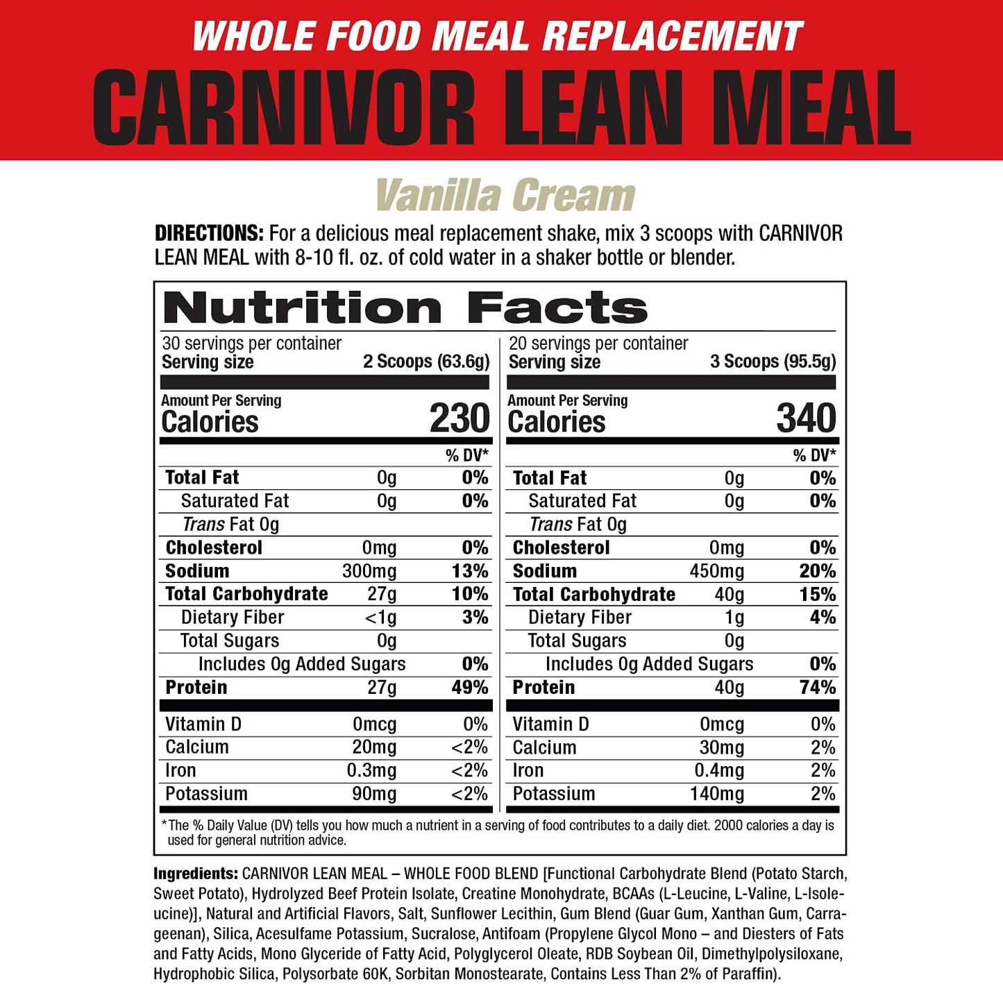MuscleMeds CARNIVOR LEAN MEAL Vanilla Cream Shake - 40g Protein, 40g Carbs, Lactose and Sugar Free - Whole Food Replacement Shake - Beef Protein Isolate, White Potato, Sweet Potato - 20 Servings