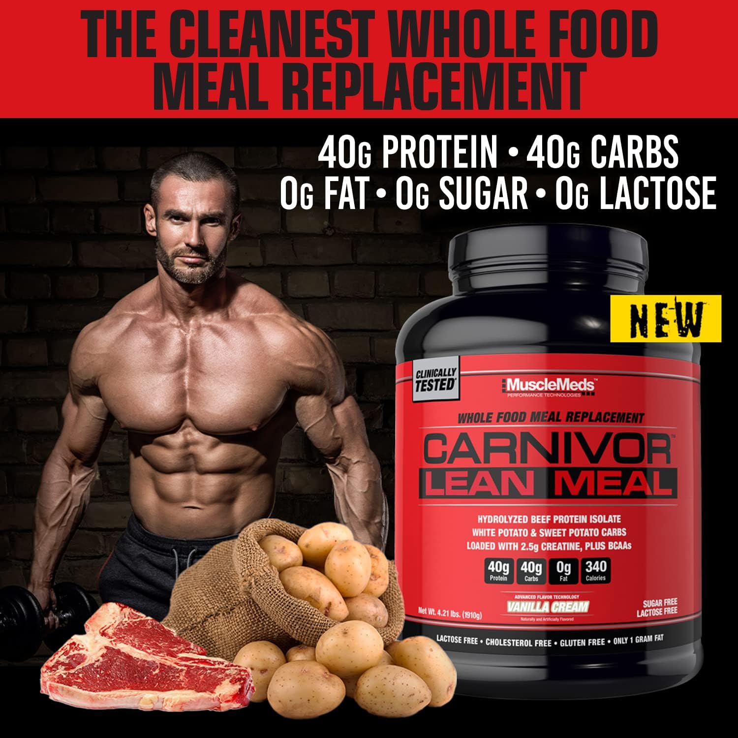 MuscleMeds CARNIVOR LEAN MEAL Vanilla Cream Shake - 40g Protein, 40g Carbs, Lactose and Sugar Free - Whole Food Replacement Shake - Beef Protein Isolate, White Potato, Sweet Potato - 20 Servings