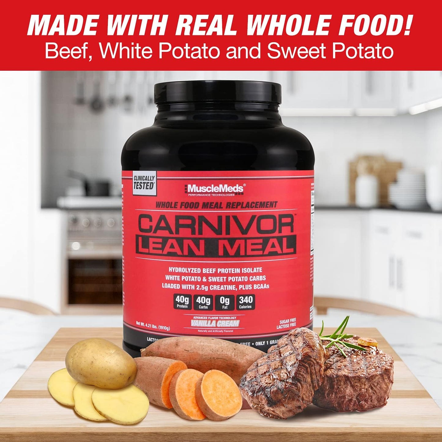 MuscleMeds CARNIVOR LEAN MEAL Vanilla Cream Shake - 40g Protein, 40g Carbs, Lactose and Sugar Free - Whole Food Replacement Shake - Beef Protein Isolate, White Potato, Sweet Potato - 20 Servings