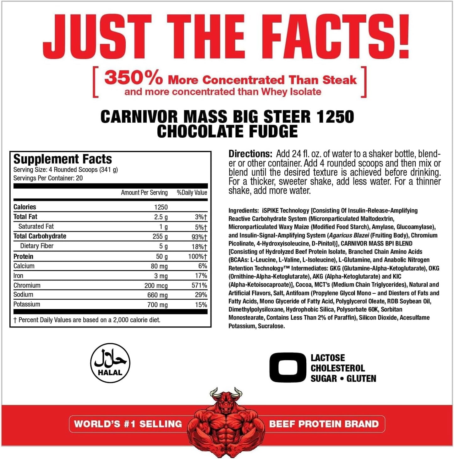 MuscleMeds Carnivor Mass Chocolate Big Steer 1250, 15 Lb - High Protein Weight Gainer Supplement