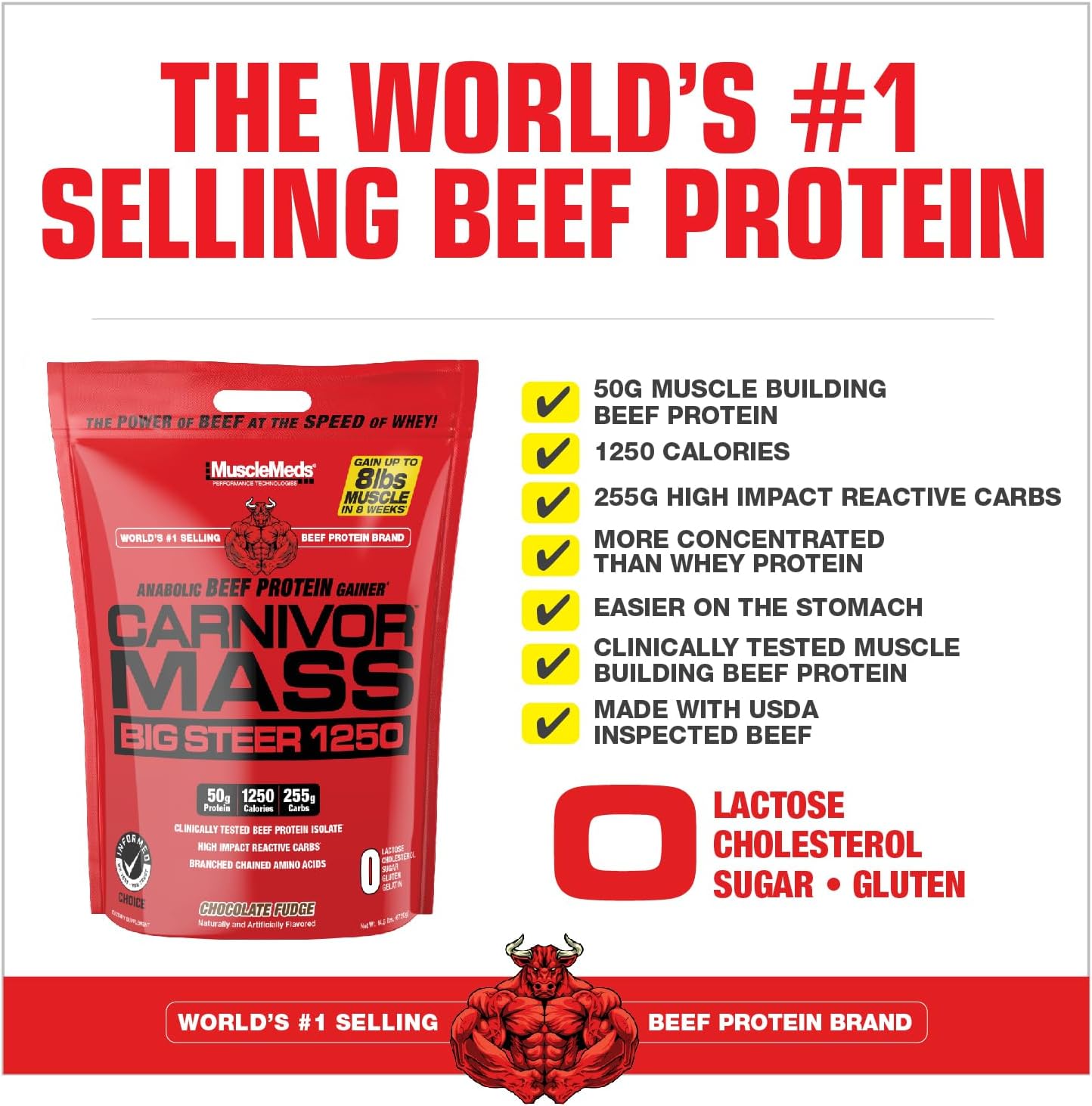 MuscleMeds Carnivor Mass Chocolate Big Steer 1250, 15 Lb - High Protein Weight Gainer Supplement