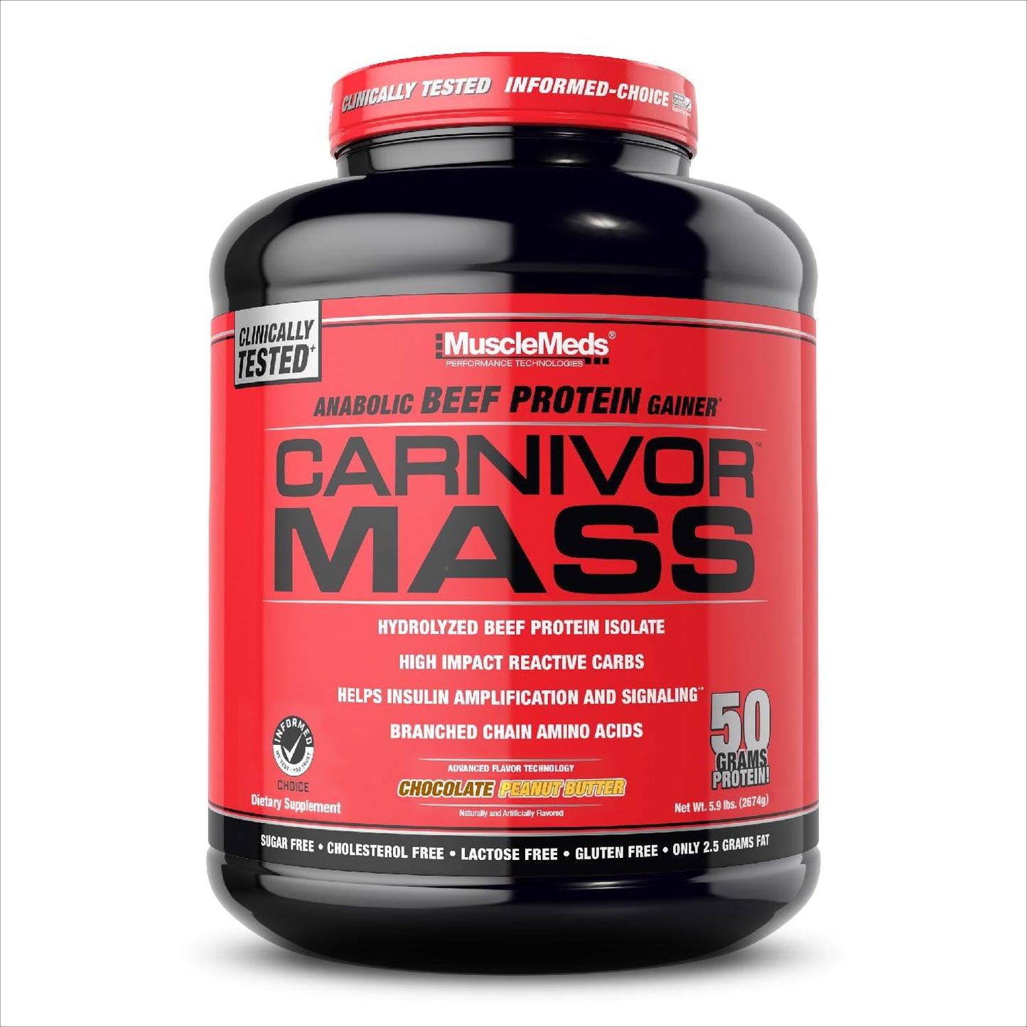 MuscleMeds CARNIVOR Mass Gainer Beef Protein Isolate Shake, Chocolate Peanut Butter Flavor, 6 Pound - 50g Protein, 125g Carbs, 0 Fat, Lactose Free, Halal Certified