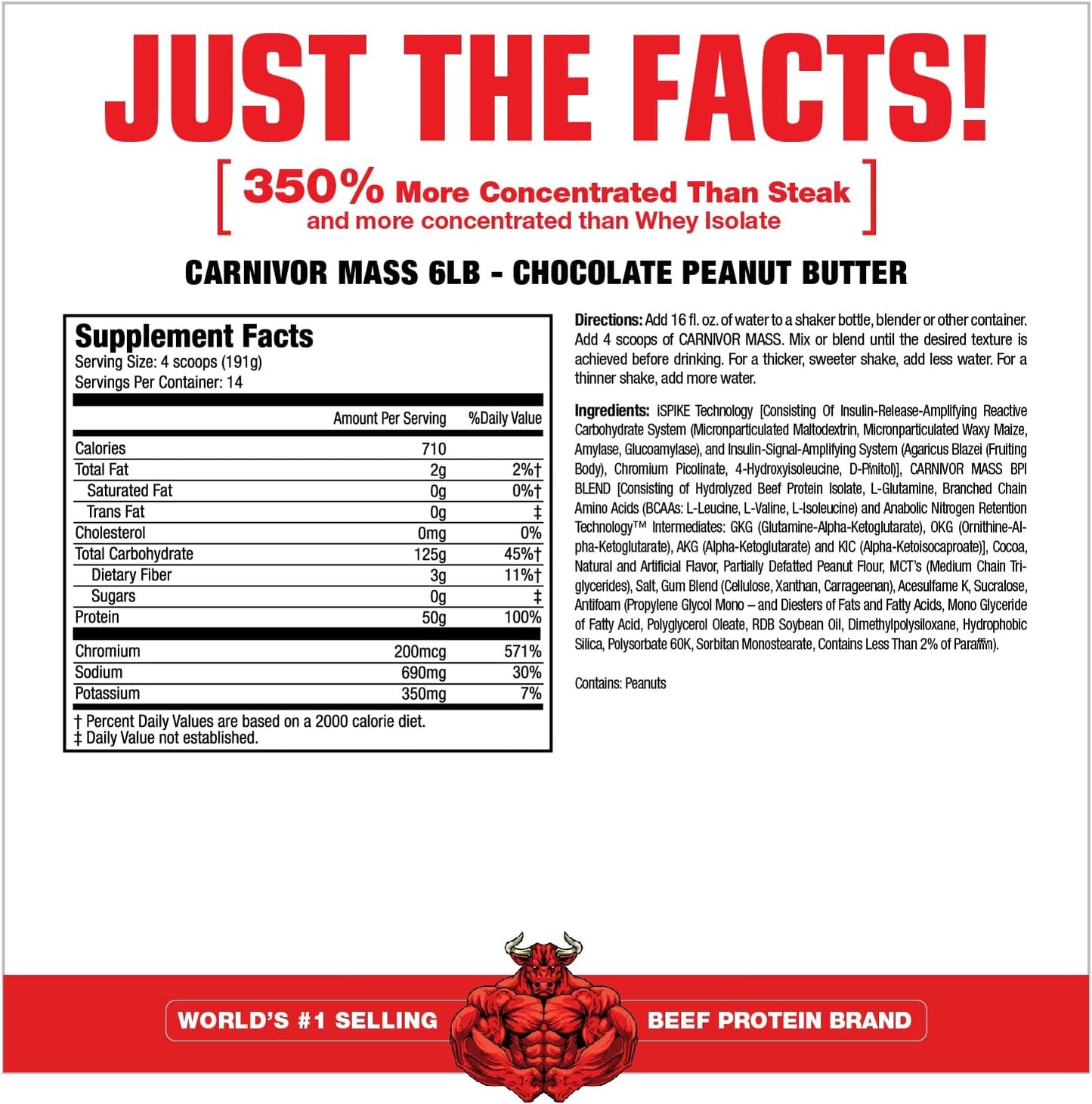 MuscleMeds CARNIVOR Mass Gainer Beef Protein Isolate Shake, Chocolate Peanut Butter Flavor, 6 Pound - 50g Protein, 125g Carbs, 0 Fat, Lactose Free, Halal Certified