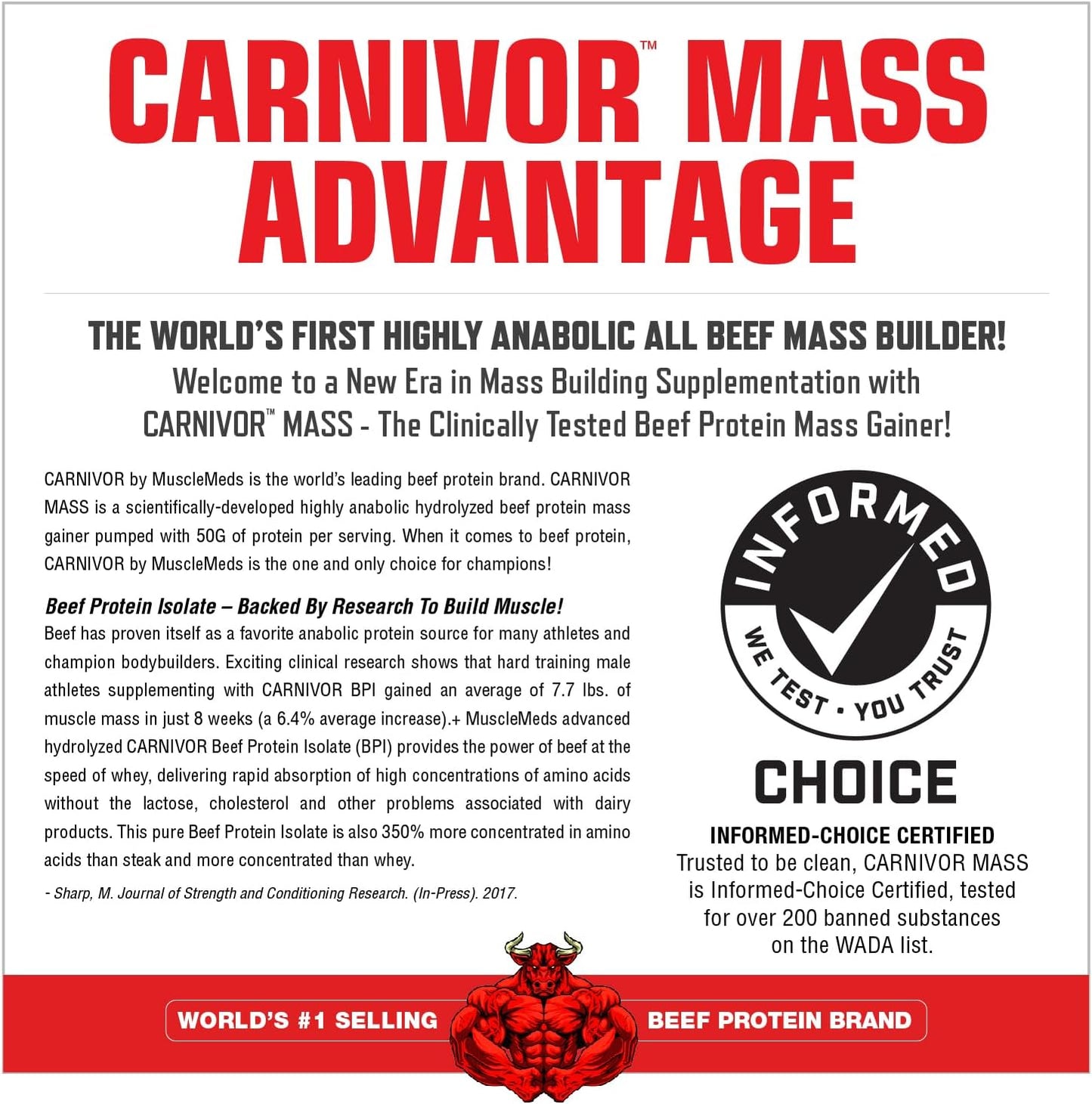 MuscleMeds CARNIVOR Mass Gainer Beef Protein Isolate Shake, Chocolate Peanut Butter Flavor, 6 Pound - 50g Protein, 125g Carbs, 0 Fat, Lactose Free, Halal Certified
