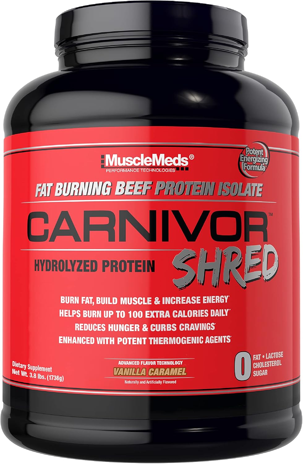 MuscleMeds Carnivor Shred Vanilla Caramel Beef Protein Isolate - Fat Burning Formula, 0 Lactose, Sugar, & Fat, Halal Certified - 4lb, 56 Servings
