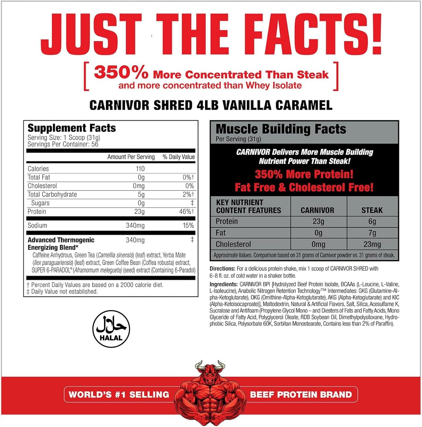 MuscleMeds Carnivor Shred Vanilla Caramel Beef Protein Isolate - Fat Burning Formula, 0 Lactose, Sugar, & Fat, Halal Certified - 4lb, 56 Servings