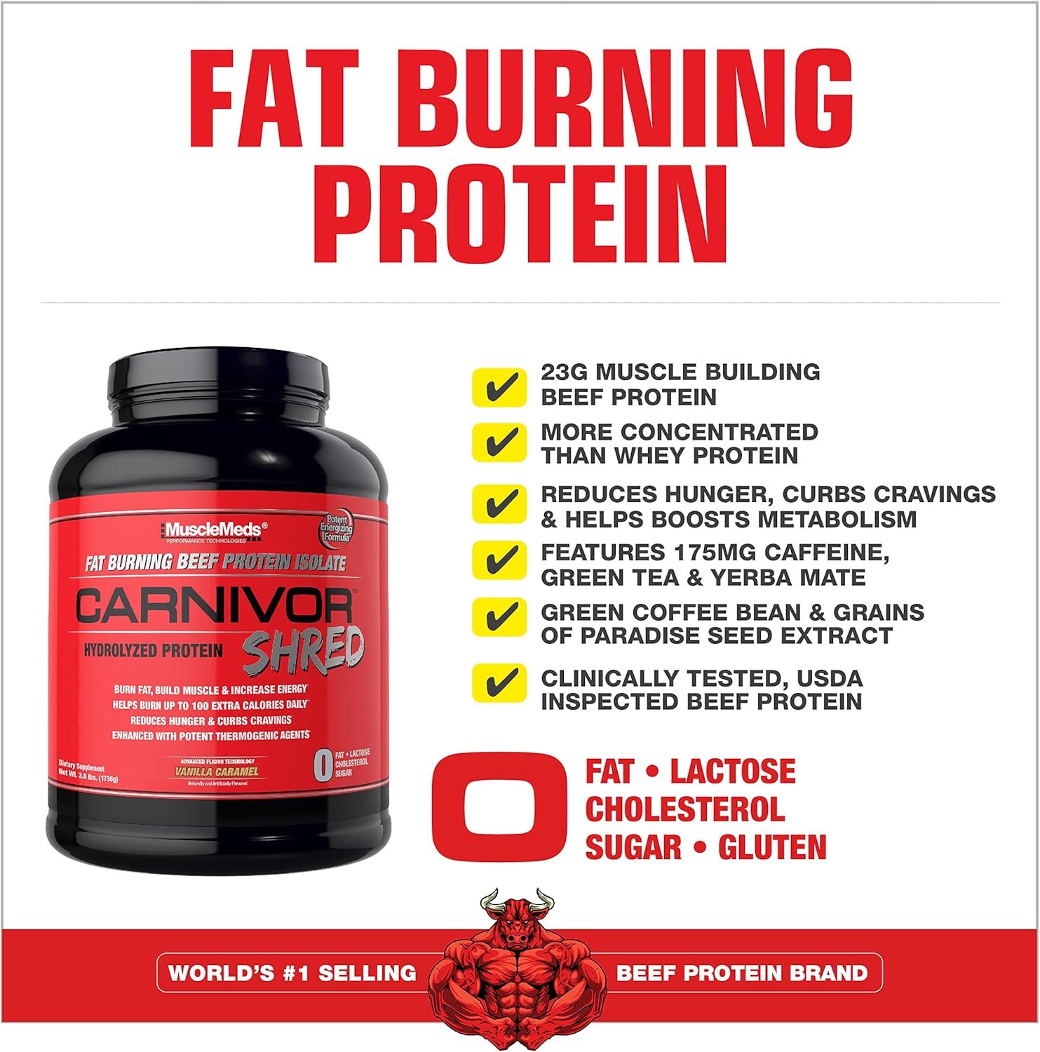 MuscleMeds Carnivor Shred Vanilla Caramel Beef Protein Isolate - Fat Burning Formula, 0 Lactose, Sugar, & Fat, Halal Certified - 4lb, 56 Servings