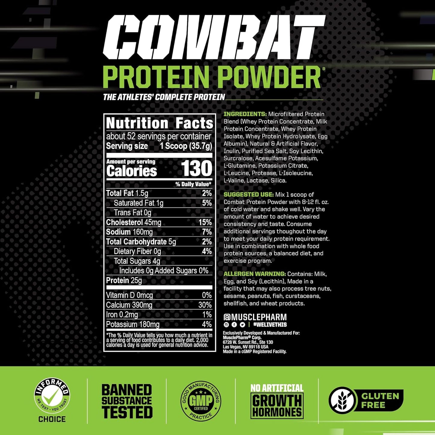 MusclePharm Combat Protein Powder, Vanilla - 5 Protein Sources, Gluten Free, 4 lb, 52 Servings for Enhanced Workouts