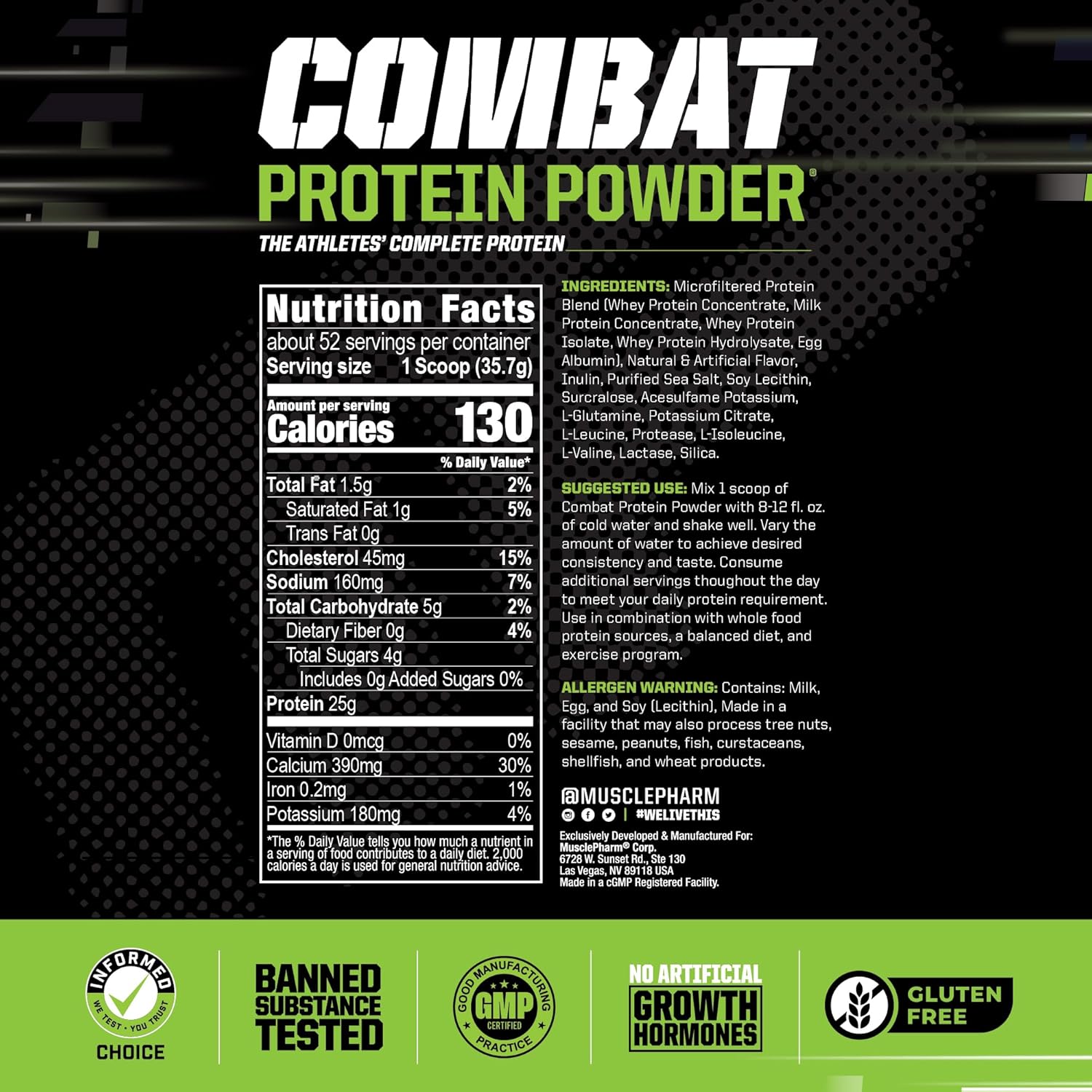 MusclePharm Combat Protein Powder, Vanilla - 5 Protein Sources, Gluten Free, 4 lb, 52 Servings for Enhanced Workouts