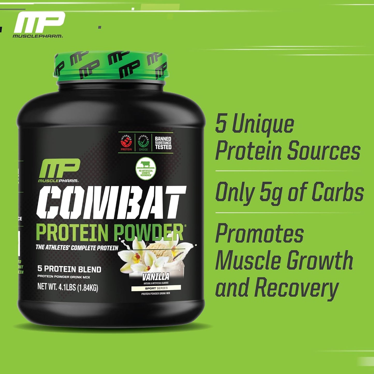 MusclePharm Combat Protein Powder, Vanilla - 5 Protein Sources, Gluten Free, 4 lb, 52 Servings for Enhanced Workouts