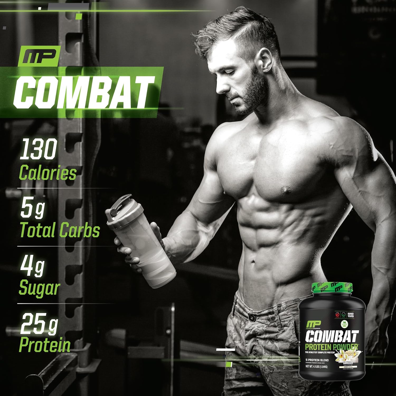 MusclePharm Combat Protein Powder, Vanilla - 5 Protein Sources, Gluten Free, 4 lb, 52 Servings for Enhanced Workouts